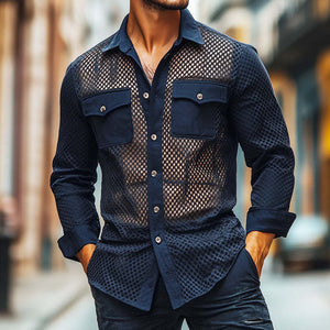 Men's Retro Casual Solid Color Mesh Fabric Splicing Lapel Long Sleeve Shirt