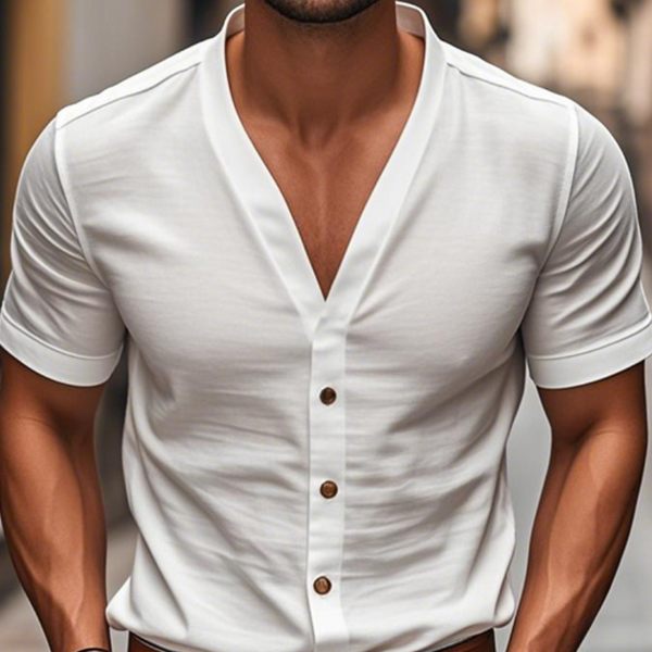 Men's Casual Cotton V-Neck Single-Breasted Slim Fit Short Sleeve Shirt