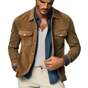 Men's Spring And Autumn Basic Brown Suede Long Sleeve Shirt