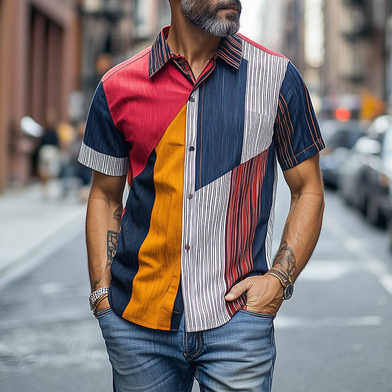 Camisa de manga corta de gasa con rayas contrastantes, estilo retro, informal, para hombre