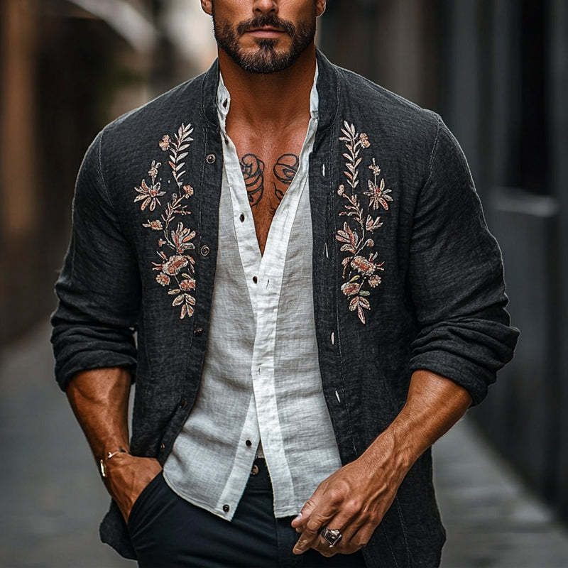 Men's Cotton And Linen Vintage Embroidered Cardigan Jacket 24065076X