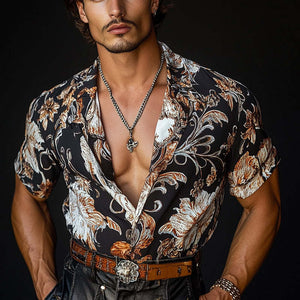 Men's Tropical Floral Print Lapel Short Sleeve Shirt