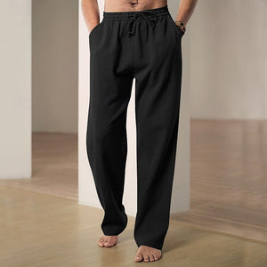Pantalones de lino para hombre, pantalones de verano, pantalones de gasa, cordón, cintura elástica, pierna recta, lisos, cómodos, transpirables, largos, para el hogar, casual, diario, deportes, estilo clásico, negro y blanco
