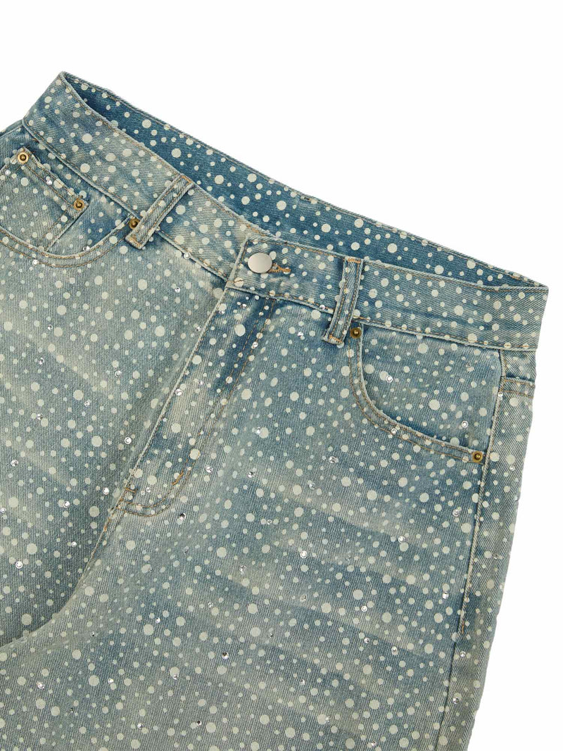 Ink Splashed Hotfix Rhinestone Baggy Jeans