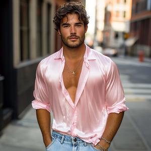 Men's Spring Fashion Casual Satin Glossy Long Sleeve Shirt