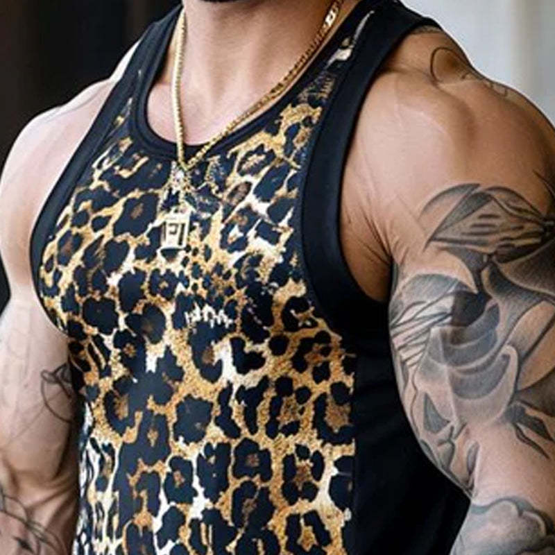 Lässiges Patchwork-Tanktop mit Rundhalsausschnitt und Leopardenmuster für Herren