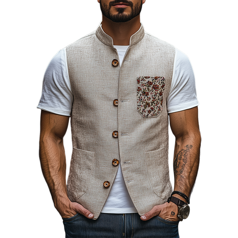 Chaleco de ramio bordado con cuello alto retro de moda de primavera para hombre