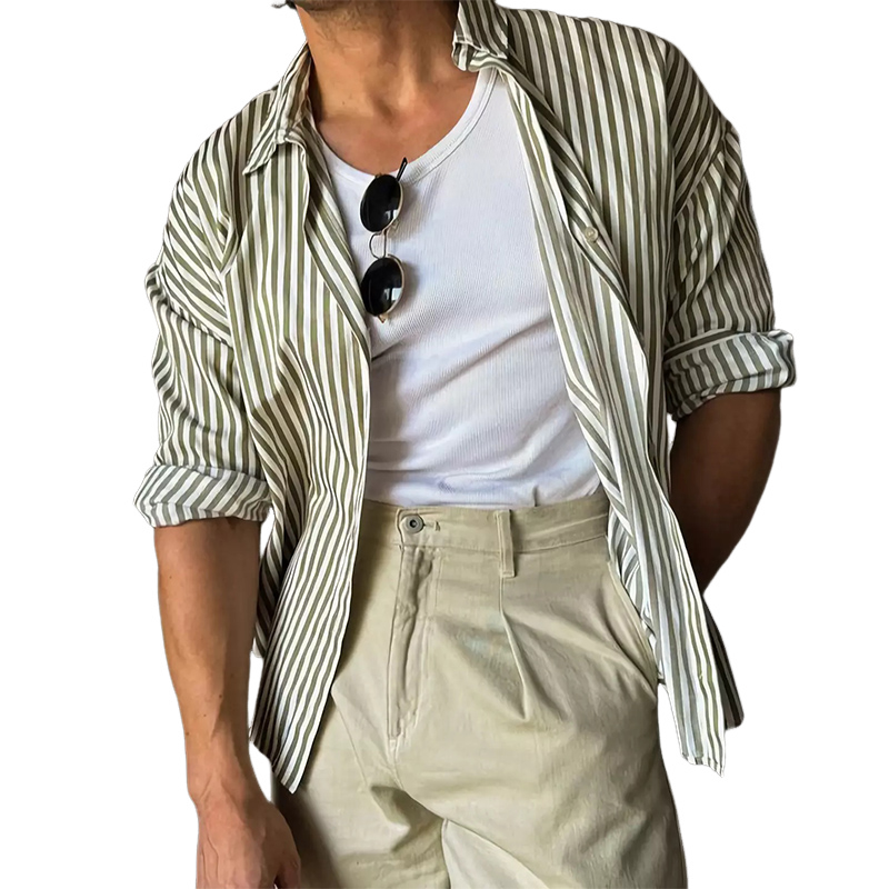 Men's Classic Casual Green Vertical Striped Long Sleeve Shirt