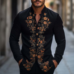 Men's Spring And Autumn Retro Embroidered Stand Collar Long Sleeve Shirt