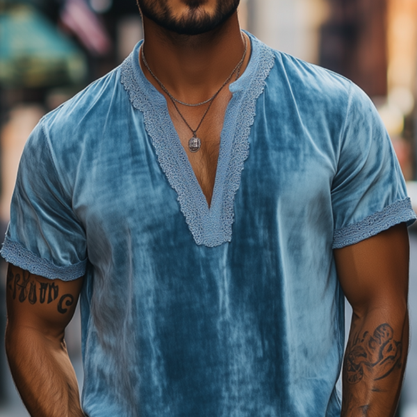 Herren Frühlingsmode Tiefer V-Ausschnitt Spitzennähte Samt Kurzarm T-Shirt