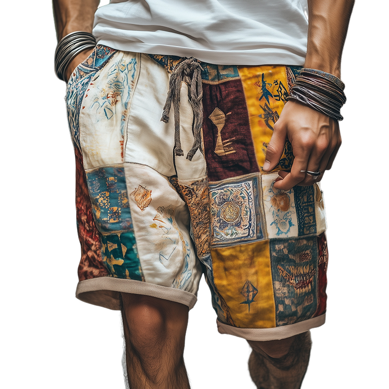 Leinenshorts mit geometrischem Retro-Print für Herren