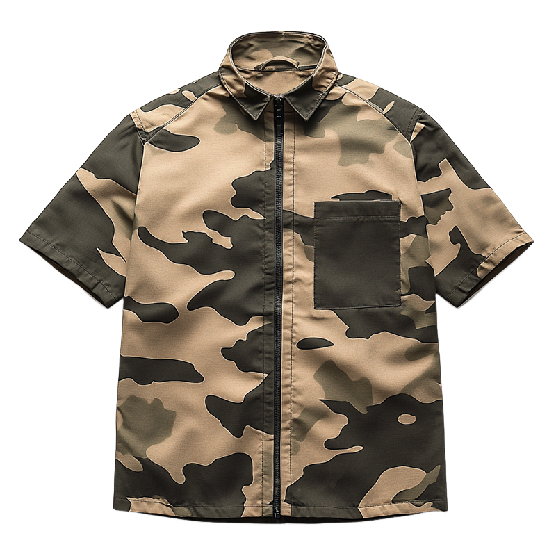 Men's Retro Casual Camouflage Print Lapel Zipper Short Sleeve Shirt MTA2443C4TO