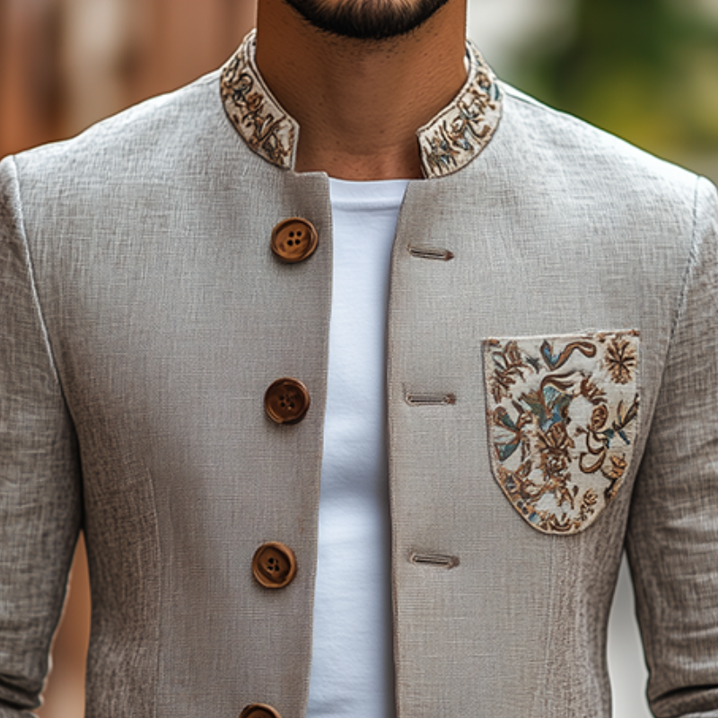 Men's Classic Retro Stand Collar Thin Cotton And Linen Embroidered Slim Jacket