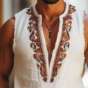 Men's Vintage Casual Perris Embroidered Collarless Sleeveless Shirt