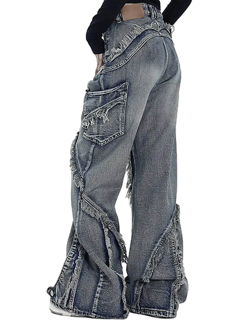 Washed Side Pocket Raw Edge Baggy Jeans