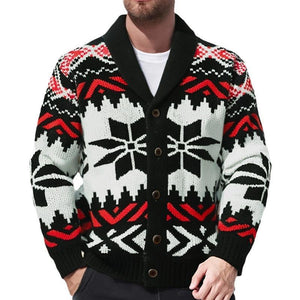 Cárdigan de punto con solapa de jacquard navideño vintage para hombre, de botonadura sencilla