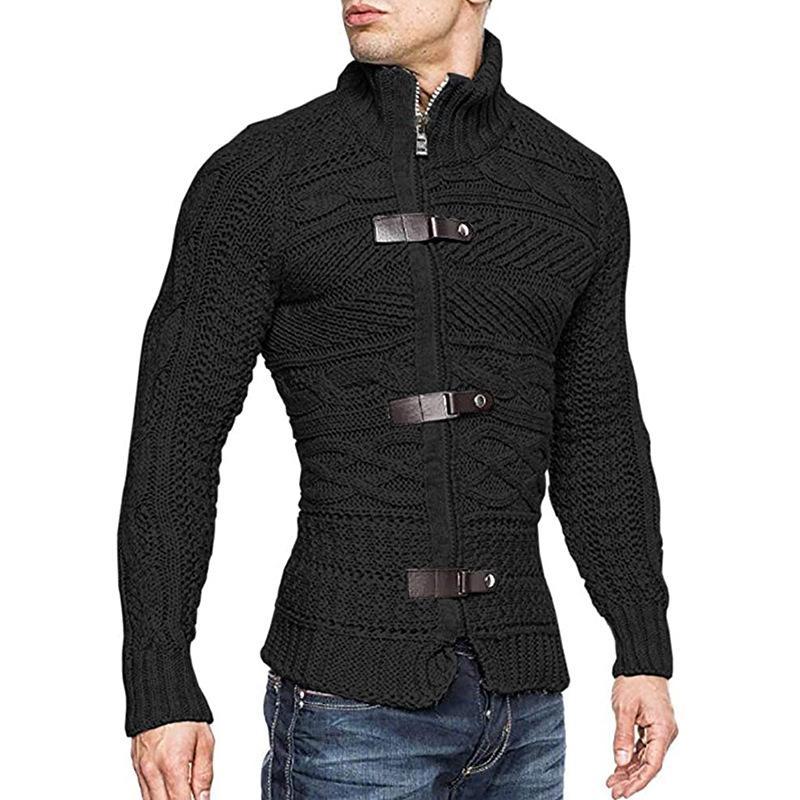 Men's Casual Stand Collar Zipper Cable Knitted Slim Cardigan