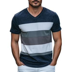 Camiseta de manga corta con cuello en V y empalme de gamuza para hombre, estilo primaveral