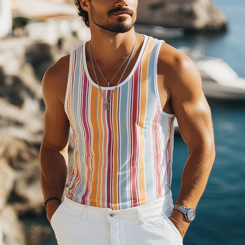 Camiseta sin mangas con estampado de rayas verticales en contraste informal de moda de verano para hombre
