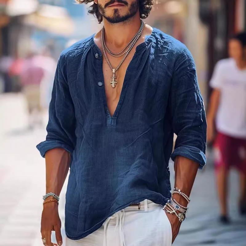 Camisa vintage de manga larga con cuello en V y botones para hombre