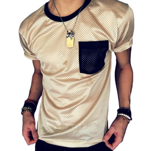 Men's Retro Casual Mesh Fabric Color Block Sports Round Neck Short Sleeve T-Shirt