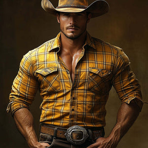 Men's Vintage Yellow Check Long Sleeve Shirt