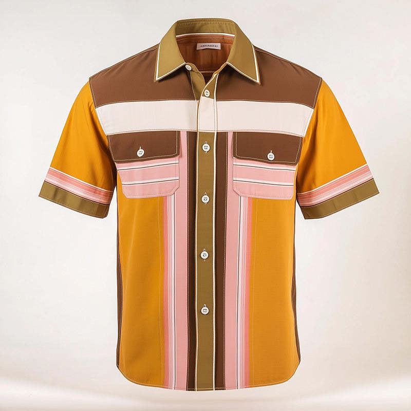 Camisa de manga corta con estampado de rayas en contraste retro para hombre