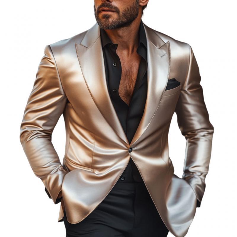 Eleganter Herren-Blazer im Retro-Stil mit steigendem Revers aus Satin, einreihig, schmale Passform