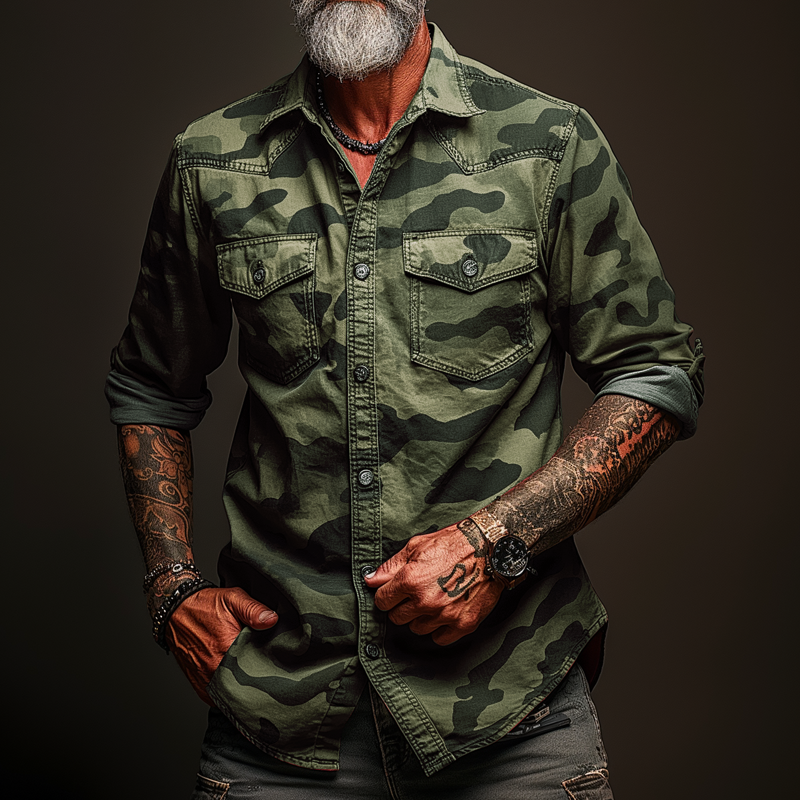 Men's Camouflage Lapel Chest Pocket Cargo Shirt