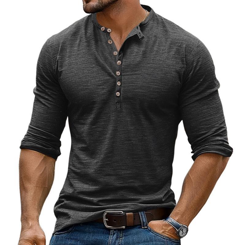 Camiseta informal de manga larga con cuello henley y múltiples botones para hombre