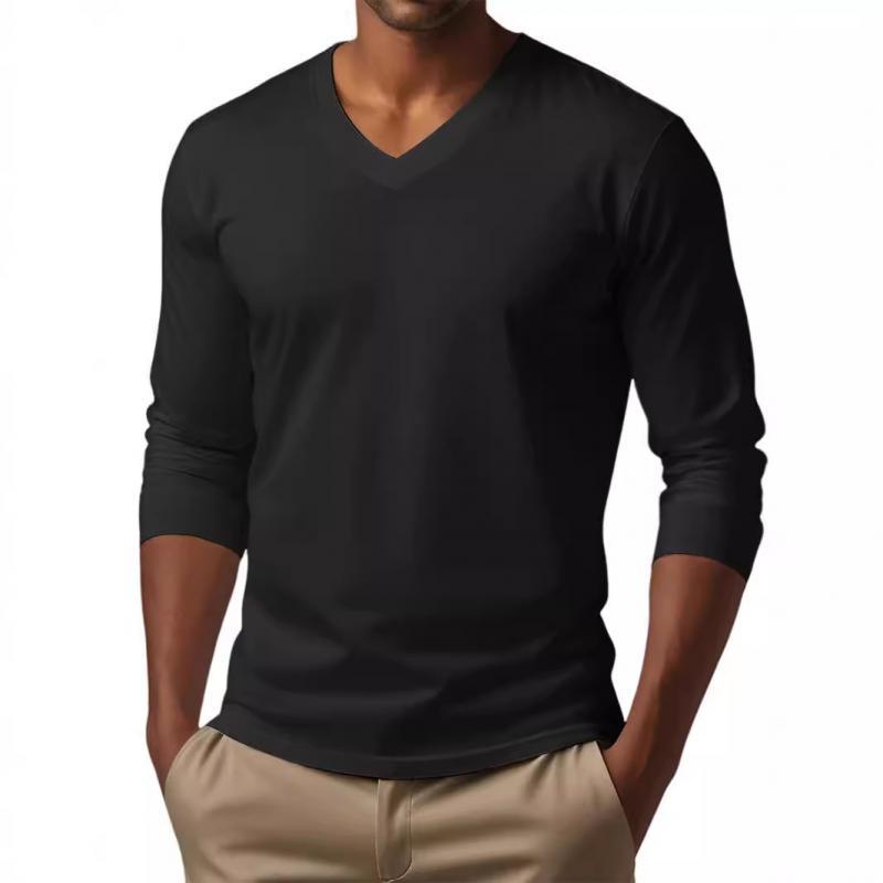 Camiseta informal de manga larga ajustada de algodón mezclado con cuello en V para hombre