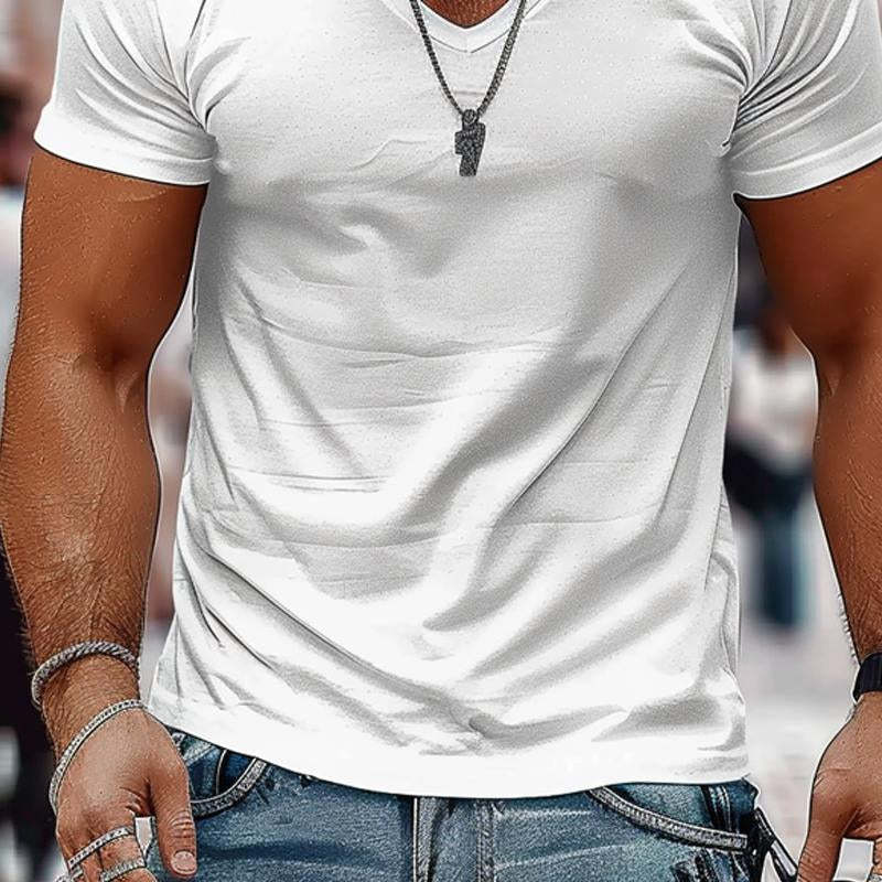 Camiseta informal de algodón de manga corta con cuello en V y color liso para hombre