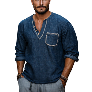 Camiseta informal de manga larga con cuello en V azul marino retro para hombre