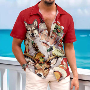 Camisa de manga corta con solapa navideña de Papá Noel informal vintage para hombre