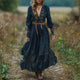 Women's Maxi Dress Vintage V-neck Linen Long-sleeved Dress Pastoral Style Linen Dress