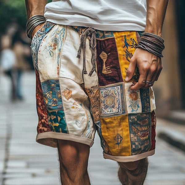 Pantalones cortos de lino con estampado geométrico retro para hombre