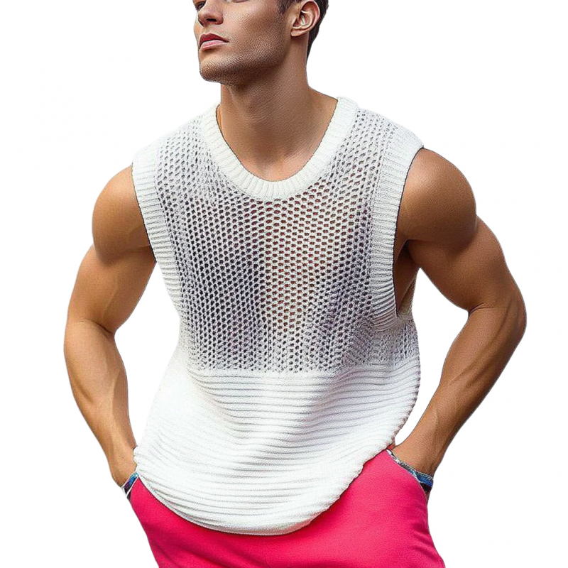 Men's Casual Crew Neck Hollow Out Patchwork Knitted Tank Top