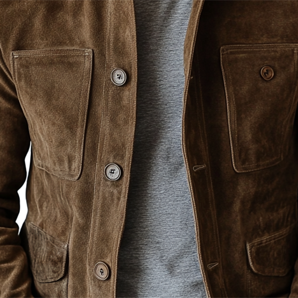 Chaqueta vintage de ante con solapa y múltiples bolsillos para hombre