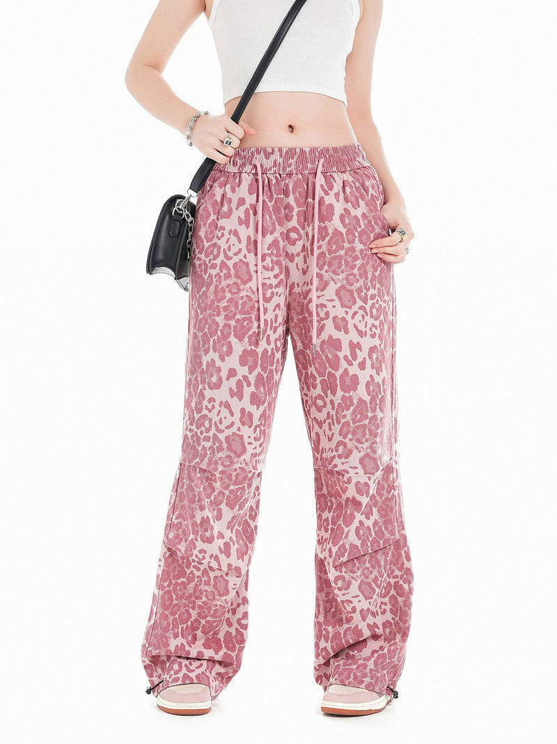 Retro Leopard Print Pink Casual Pants