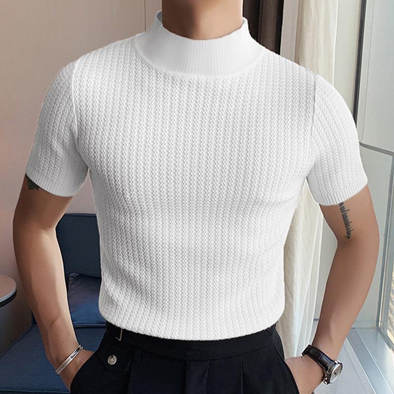 Herren-T-Shirt mit halbem Rollkragen, einfarbig, eng gestrickt, kurzärmelig