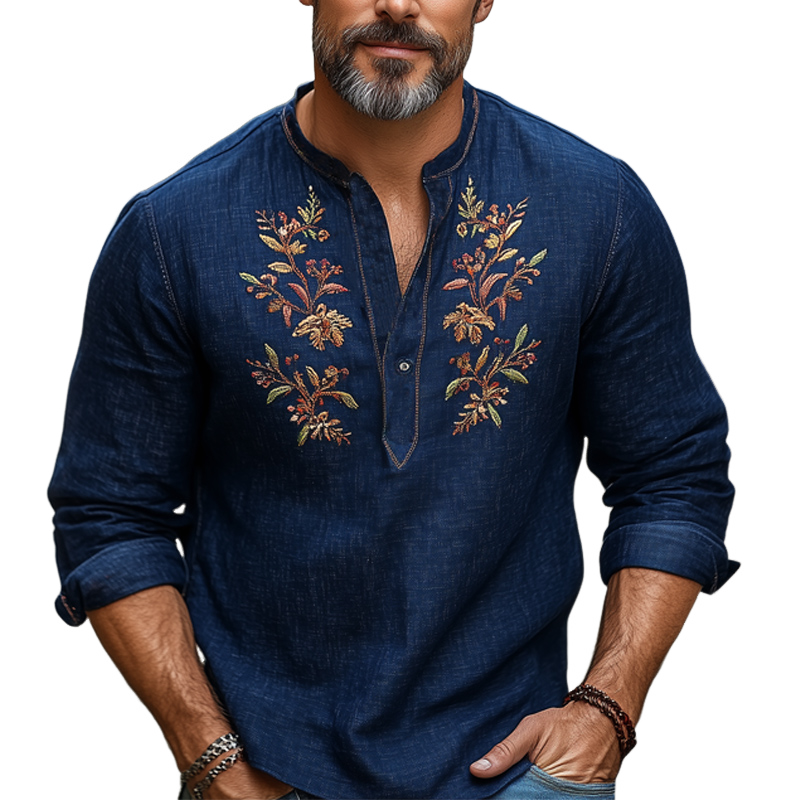 Camiseta de manga larga bordada vintage de algodón y lino azul marino para hombre
