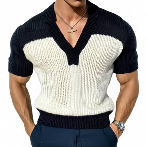 Camiseta informal de punto de manga corta con cuello en V y contraste de colores para hombre