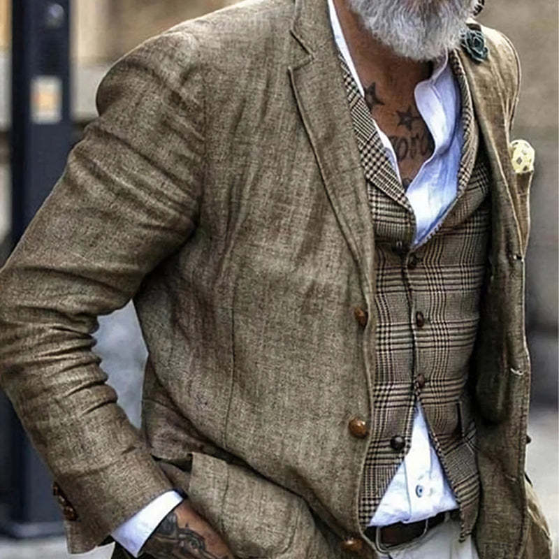 Lässiger Vintage-Blazer aus Baumwolle und Leinen mit drei Knöpfen für Herren