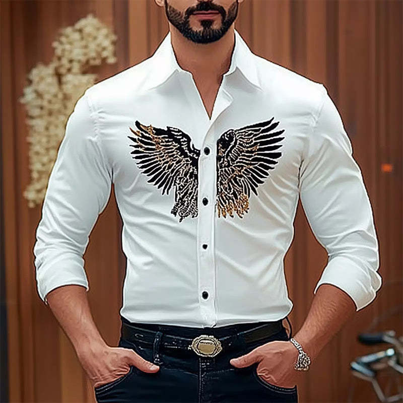 Camisa de manga larga entallada de algodón con bordado de águila vintage para hombre