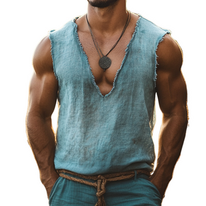 Camiseta sin mangas de lino retro informal con cuello en V y rotos para hombre