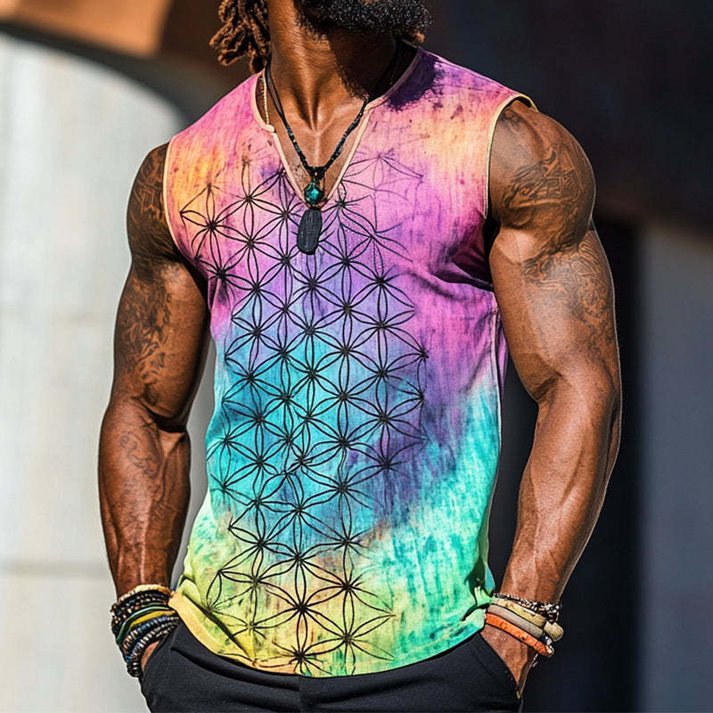 Herren-Tanktop mit V-Ausschnitt und Blumen-des-Lebens-Print im Vintage-Stil