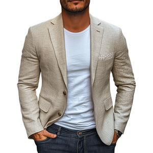 Blazer informal de primavera para hombre, ajustado, de algodón y lino, con bolsillos y encaje.