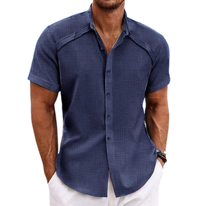 Camisa de manga corta con solapa de color liso de algodón y lino para hombre