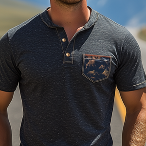 Camiseta clásica vintage de algodón con cuello henley de la serie Yellowstone Park para hombre