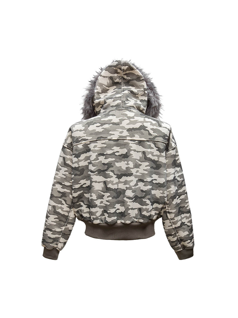 Camouflage Spliced Fur Hooded Fleece Jacket